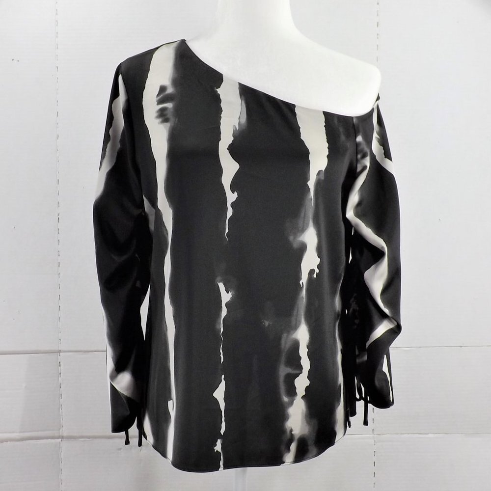 Halston Ruched Sleeves One-Shoulder Blouse Top S/M